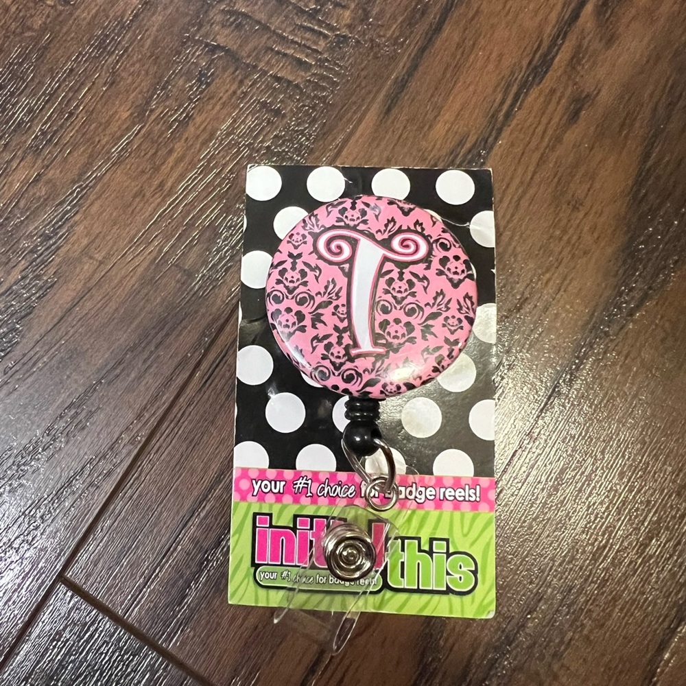 Initial This Pink Floral T Retractable Badge Reel ID Holder clip